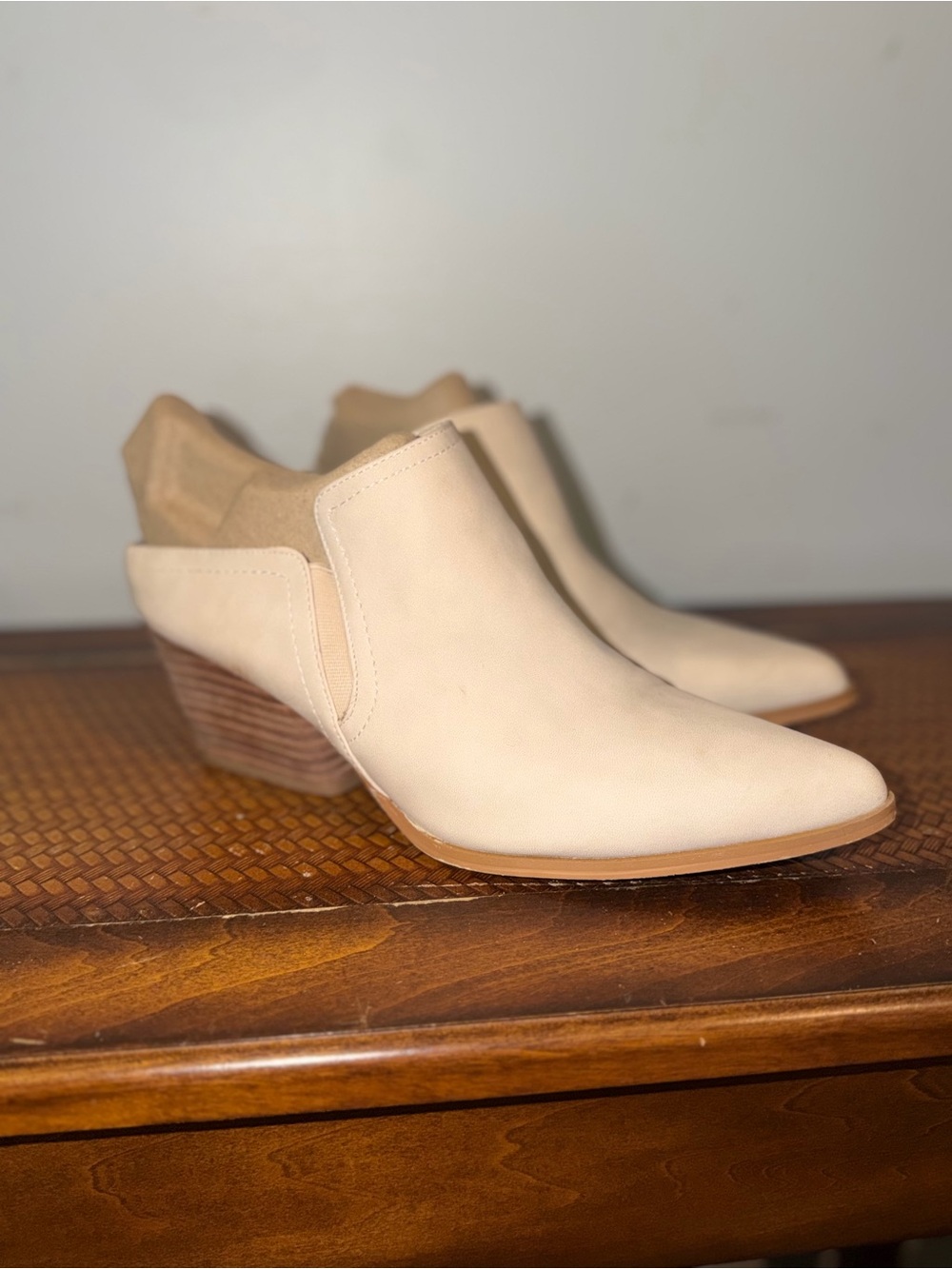 White Leather Low Heel Slip On Booties